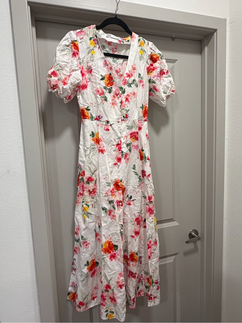Linen and cotton Zara White Midi Dress with Pink & Orange Floral Print
